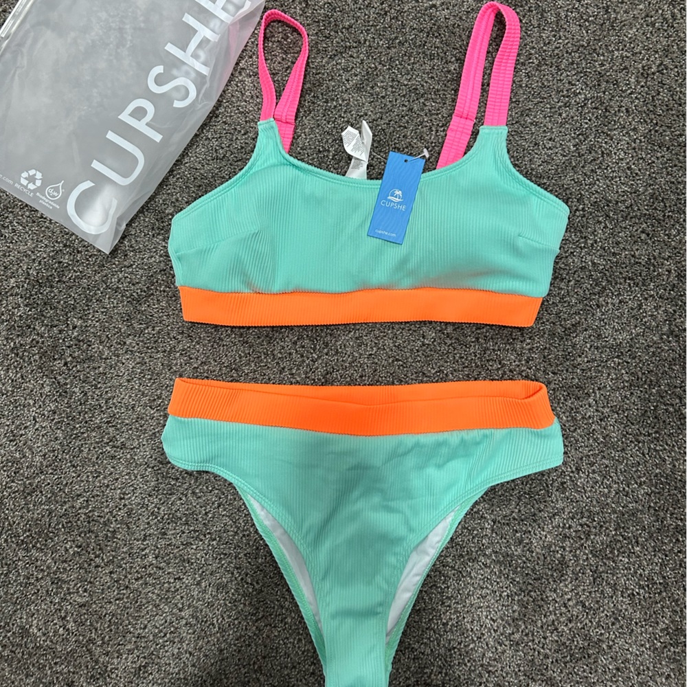 Rib Neon Colorblock Scoop Neck Top & Hipster Bikini Set L/Green